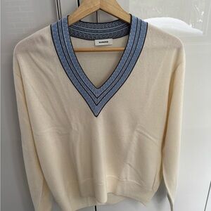 Sandro V-Neck Sweater in Cream with Blue Trim